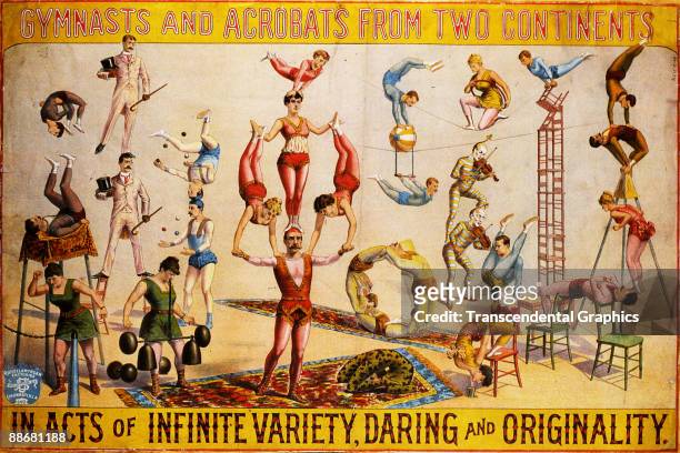 Circus poster features the text 'Gymnasts and Acrobats from Two Continents in Acts of Infinite Variety, Daring and Originality' and an illustration...