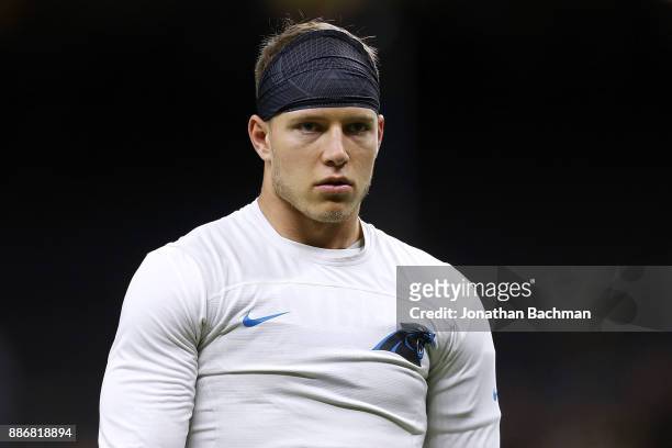 Christian McCaffrey of the Carolina Panthers warms up before a game against the New Orleans Saints at the Mercedes-Benz Superdome on December 3, 2017...