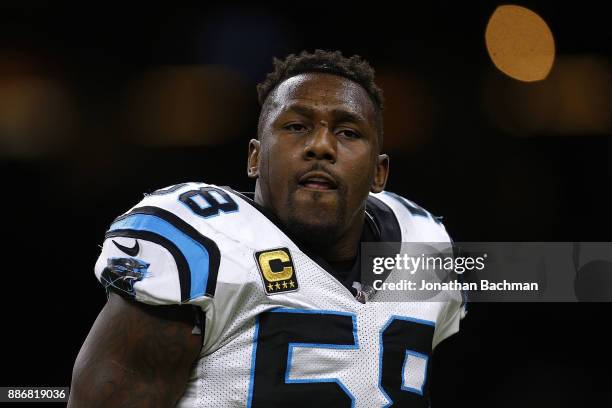Thomas Davis of the Carolina Panthers reacts before a game against the New Orleans Saints at the Mercedes-Benz Superdome on December 3, 2017 in New...