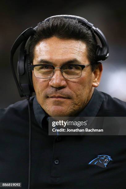 Head coach Ron Rivera of the Carolina Panthers reacts during a game against the New Orleans Saints at the Mercedes-Benz Superdome on December 3, 2017...