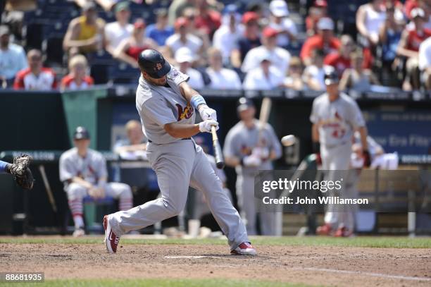 Designated hitter Albert Pujols of the St. Louis Cardinals bats during the game against the Kansas City Royals at Kauffman Stadium in Kansas City,...