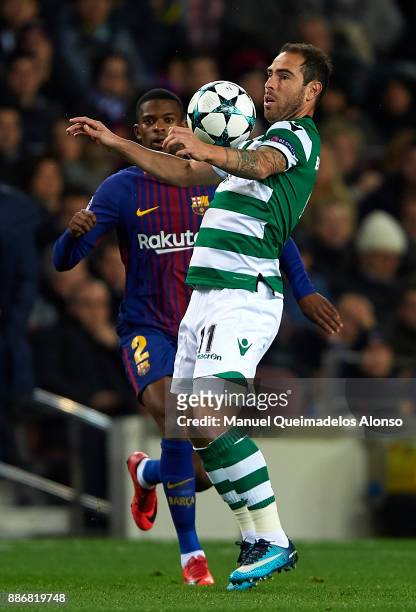 Bruno Cesar of Sporting CP controls the ball during the UEFA Champions League group D match between FC Barcelona and Sporting CP at Camp Nou on...