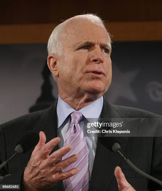 Senator John McCain speaks during a news briefing June 25, 2009 on Capitol Hill in Washington, DC. McCain has proposed legislation to assist the...