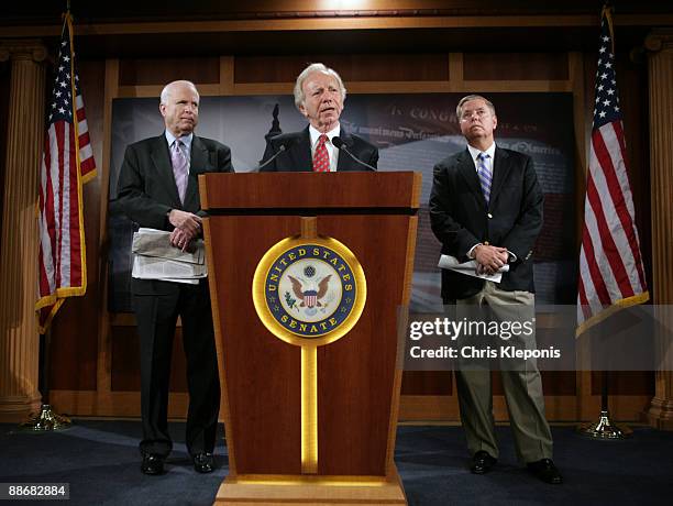 Senator Joe Lieberman speaks during a news briefing with Senators John McCain and Lindsey Graham June 25, 2009 on Capitol Hill in Washington, DC....