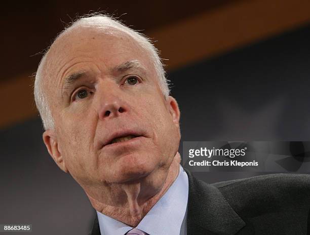 Senator John McCain speaks during a news briefing June 25, 2009 on Capitol Hill in Washington, DC. McCain has proposed legislation to assist the...
