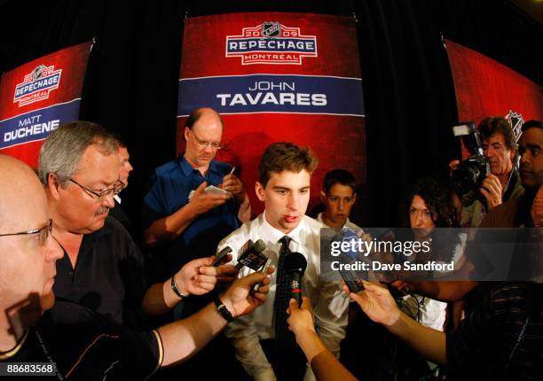 Prospect John Tavares answers questions from the media during the Top Prospects Luncheon as part of the 2009 NHL Draft Weekend in Montreal, Quebec,...