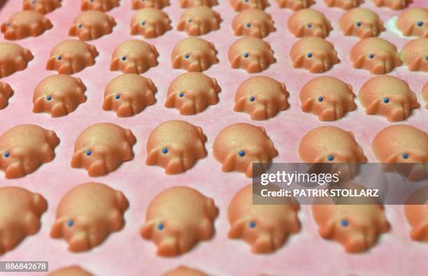 Pigs made of fresh marzipan are seen at the headquarters of the traditional confectionary maker JG Niederegger GmbH in Luebeck, Germany, on December...