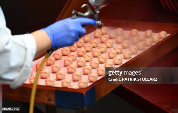 An employee prepares pigs made of fresh marzipan at the headquarters of the traditional confectionary maker JG Niederegger GmbH in Luebeck, Germany,...