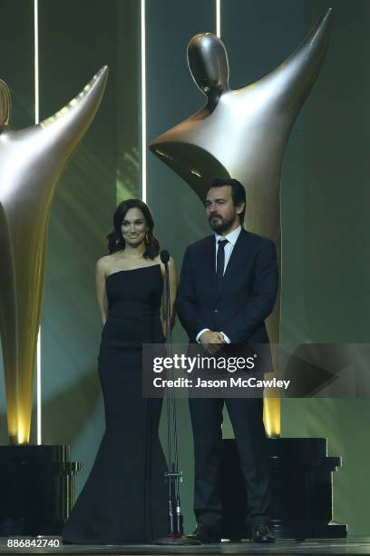 Nicole da Silva and Ewen Leslie present the AACTA Award for Best Light Entertainment Television Series during the 7th AACTA Awards Presented by...