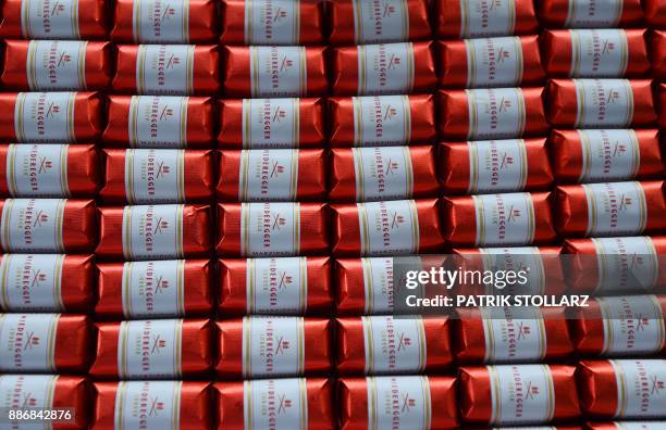 The logo of JG Niederegger is seen on the package of wrapped dark chocolate marzipan confectionary at the headquarters of the traditional...