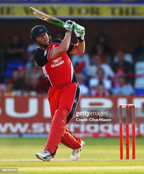 Andrew Flintoff of Lancashire Lightning in action during the Twenty20 Cup match between Derbyshire Phantoms and Lancashire Lightning at the County...