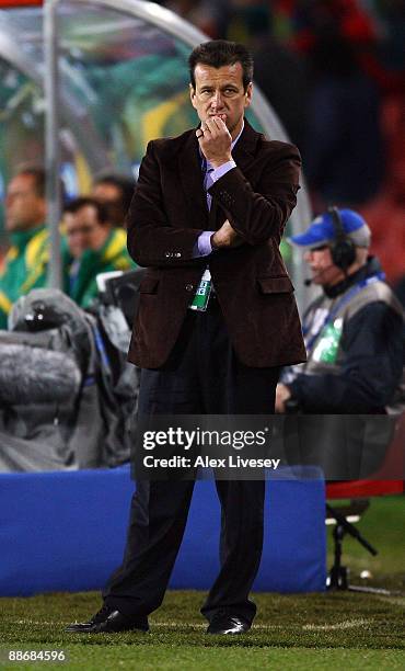 Brazil Coach Dunga looks on during the FIFA Confederations Cup Semi Final match beween Brazil and South Africa at Ellis Park on June 25, 2009 in...