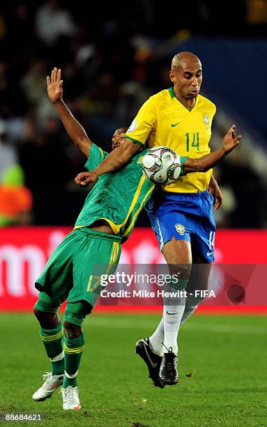 Bernard Parker of South Africa is challenged by Luisao of Brazil during the FIFA Confederations Cup Semi Final match beween Brazil and South Africa...