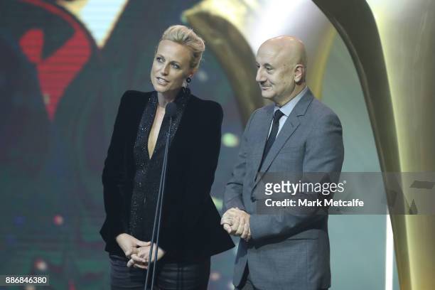 Marta Dusseldorp and Anupam Kher present the AACTA Award for Best Lead Actor during the 7th AACTA Awards Presented by Foxtel | Ceremony at The Star...