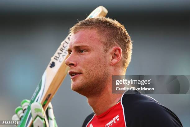 Andrew Flintoff of Lancashire Lightning in action during the Twenty20 Cup match between Derbyshire Phantoms and Lancashire Lightning at the County...