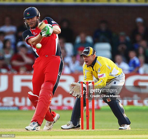 Andrew Flintoff of Lancashire Lightning in action during the Twenty20 Cup match between Derbyshire Phantoms and Lancashire Lightning at the County...