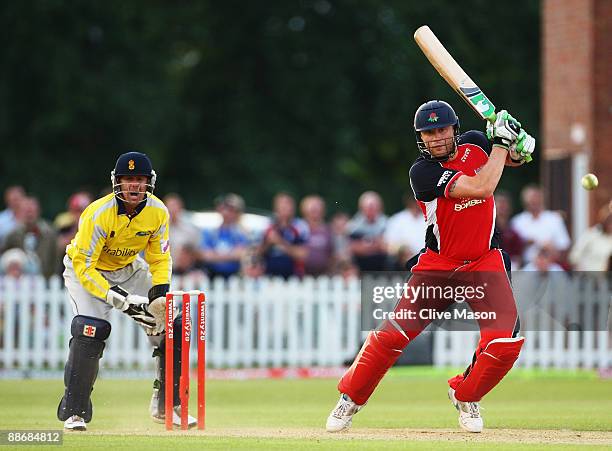 Andrew Flintoff of Lancashire Lightning in action during the Twenty20 Cup match between Derbyshire Phantoms and Lancashire Lightning at the County...