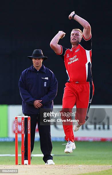 Andrew Flintoff of Lancashire Lightning in action during the Twenty20 Cup match between Derbyshire Phantoms and Lancashire Lightning at the County...