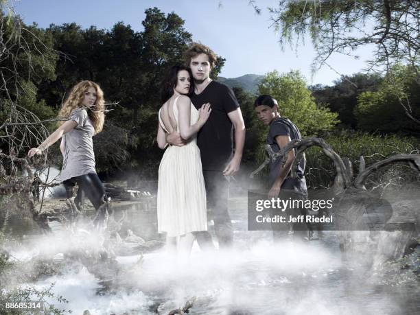 Actress Rachelle Lefevre, actress Kristen Stewart , actor Robert Pattinson and actor Taylor Lautner pose as their characters from the Twilight movies...