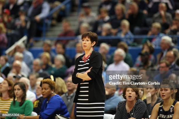 Head coach Muffet McGraw of the Notre Dame Fighting Irish on the sideline during the the UConn Huskies Vs Notre Dame, NCAA Women's Basketball game at...