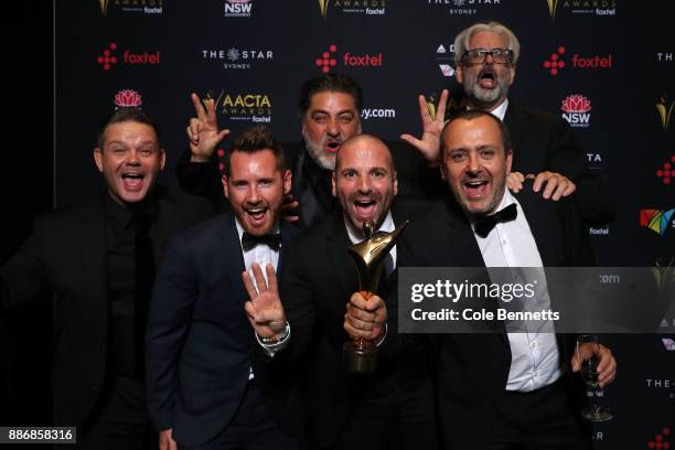 Gary Mehigan, Matt Preston and George Calombaris of Masterchef Australia pose with an AACTA Award for Best Reality Television Series during the 7th...