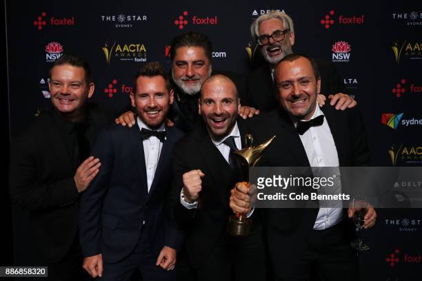 Gary Mehigan, Matt Preston and George Calombaris of Masterchef Australia pose with an AACTA Award for Best Reality Television Series during the 7th...