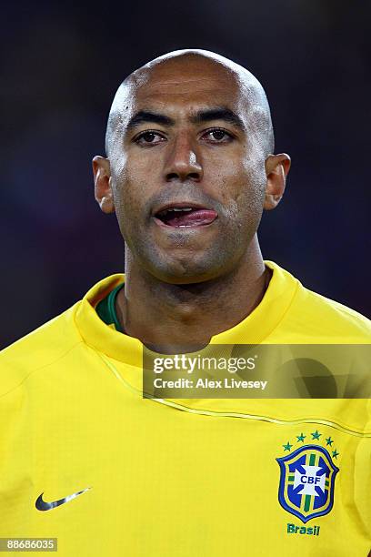 Luisao of Brazil looks on prior to the FIFA Confederations Cup Semi Final match beween Brazil and South Africa at Ellis Park on June 25, 2009 in...