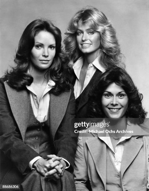 Farrah Fawcett, Jaclyn Smith and Kate Jackson pose for a portrait on the set of Charlie's Angels circa 1977 in Los Angeles, California.