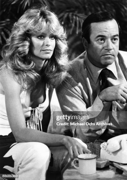 Actress Farrah Fawcett and David Doyle on the set of Charlie's Angels circa 1977 in Los Angeles, California.