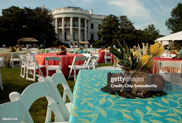 Tablesettings with pineapples and coconuts for a luau for members of Congress and their families on the South Lawn of the White House June 25, 2009...