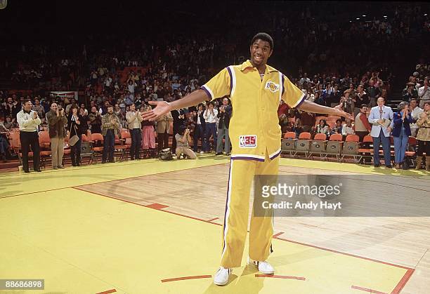 Los Angeles Lakers Magic Johnson during player introductions before game vs New Jersey Nets. Johnson's return to NBA after sustaining torn cartilage...