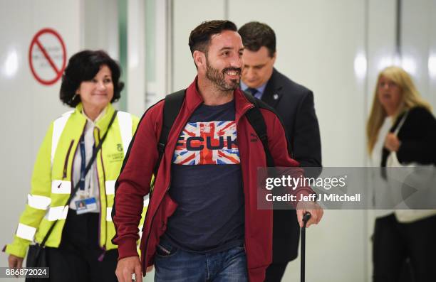 Billy Irving, one of the so called Chennai Six returns home to Glasgow Airport, following winning an appeal against weapons smuggling in India on...