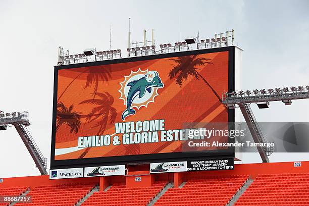 Atmosphere at a press conference to announce a Gloria and Emilio Estefan investment in The Miami Dolphins at Land Shark Stadium on June 25, 2009 in...