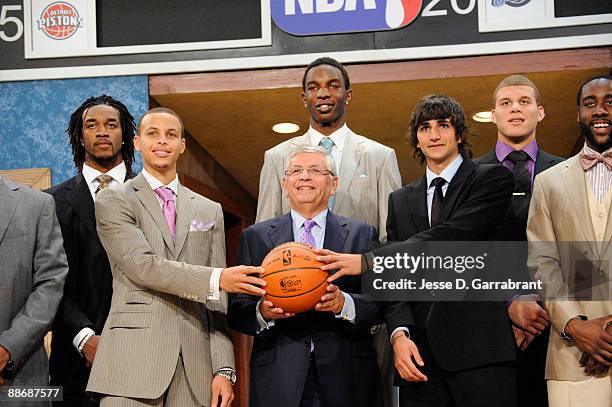 Jordan Hill, Stephen Curry, Hasheem Thabeet, NBA Commissioner David Stern, Ricky Rubio, Blake Griffin and James Harden pose for a portrait during the...