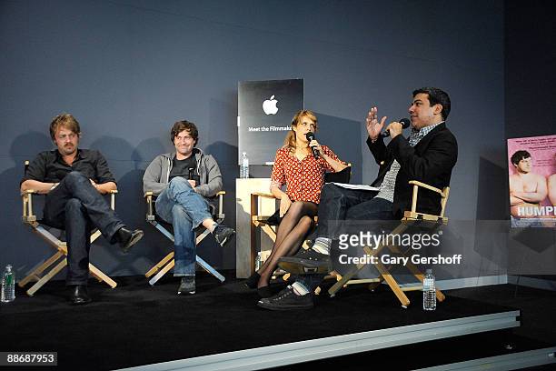 Moderator Eugene Hernandez speaks with actors Joshua Leonard and Mark Duplass, and director Lynn Shelton during the Meet the Filmmakers discussion at...