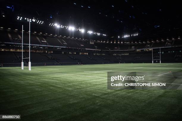 The synthetic field of the U Arena of the Racing 92 rugby club, is pictured in Nanterre near Paris on December 6, 2017. / AFP PHOTO / CHRISTOPHE SIMON