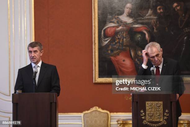 Czech President Milos Zeman and newly appointed Czech Prime minister and ANO party leader Andrej Babis attend a press conference on December 06, 2017...