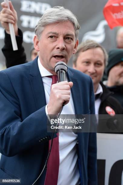 New Scottish Labour leader Richard Leonard addresses a Unite union demonstration outside the Scottish Parliament against blacklisting of workers by...