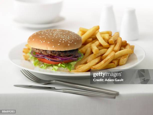 close up of hamburger and french fries - burger close up stock pictures, royalty-free photos & images