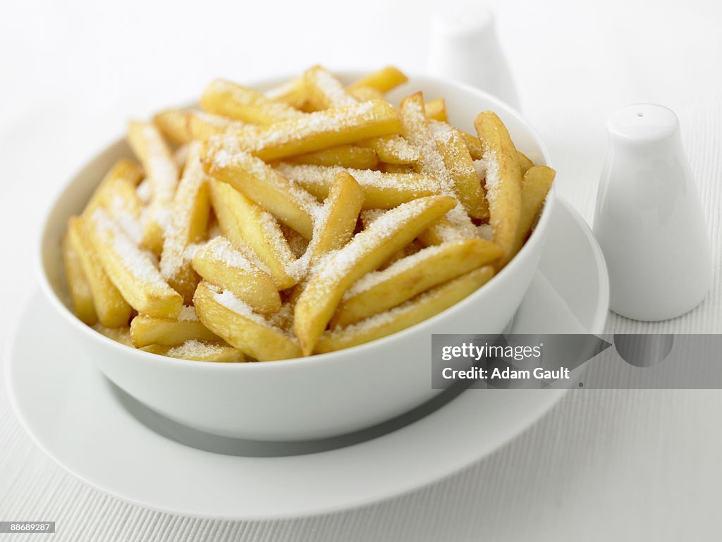 Close up of over-salted french fries