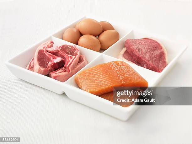 close up of sectioned plate with eggs, pork, salmon and steak - proteina foto e immagini stock