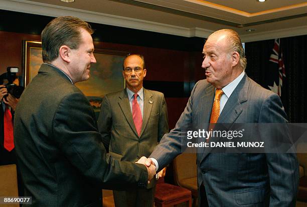 King Juan Carlos of Spain shakes hands with to New South Wales Premier Nathan Rees in Sydney on June 26, 2009. King Carlos is on the last day of a...