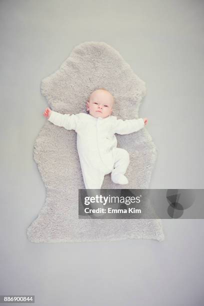 newborn baby boy, lying on rug, overhead view - auf dem rücken liegen stock-fotos und bilder