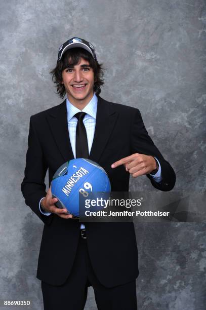 Ricky Rubio, selected number five overall by the Minnesota Timberwolves poses for a portrait during the 2009 NBA Draft on June 25, 2009 at the WaMu...