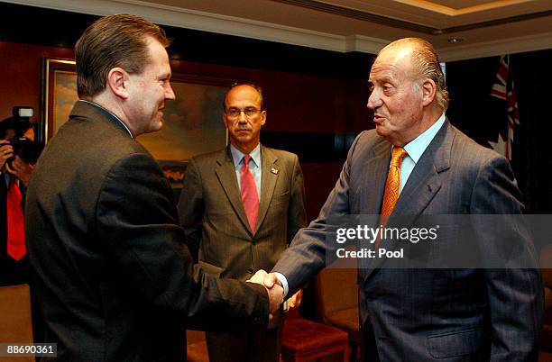 King Juan Carlos of Spain shakes hands with New South Wales Premier Nathan Rees June 26, 2009 in Sydney, Australia. The Royal couple met with the...