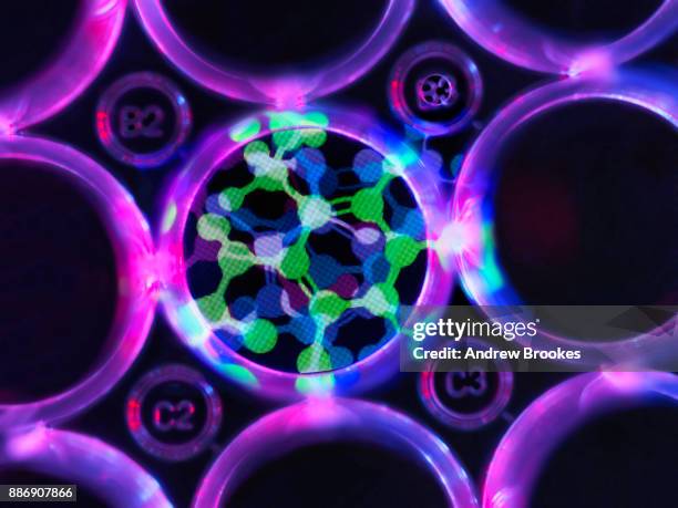 pharmaceutical research, a molecular model of drug formula in multi well tray, a conceptual experiment - drug discovery stock pictures, royalty-free photos & images