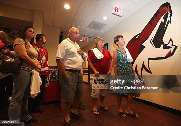 Fans of the Phoenix Coyotes get a tour of the team locker rooms during an open house at Jobing.com Arena on June 25, 2009 in Glendale, Arizona.
