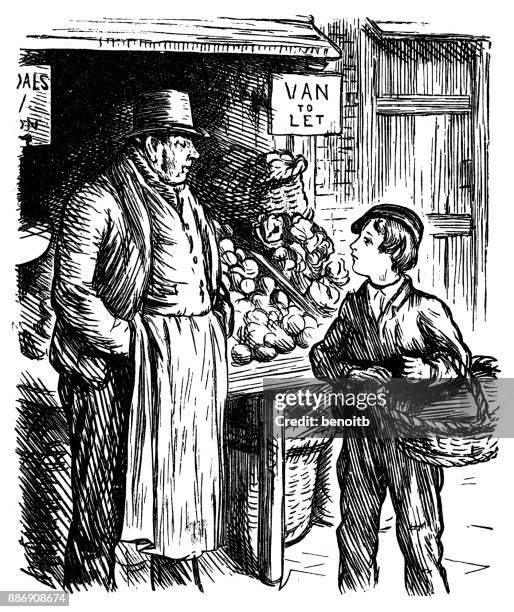 buying fresh fruit - fruit stand stock illustrations