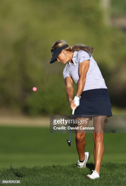 Carly Booth of Scotland plays her second shot on the par 4, 9th hole during the first round of the 2017 Dubai Ladies Classic on the Majlis Course at...
