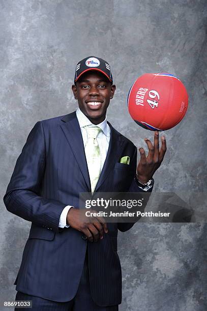 Jrue Holiday, selected by the Philadelpia 76ers poses for a portrait during the 2009 NBA Draft at The WaMu Theatre at Madison Square Garden on June...